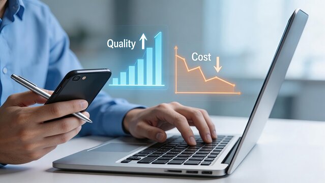 Businessman analyzing financial data on laptop with smartphone holographic charts showing quality increase and cost decrease corporate office setting digital transformation