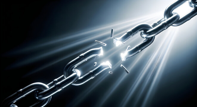 A strong chain link dramatically fractures, emitting brilliant light, symbolizing a powerful breakthrough, liberation, and triumph over difficulty