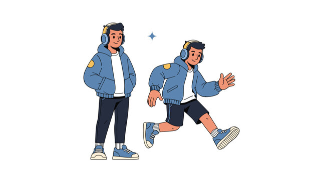 Character set of a young man wearing headphones and a blue jacket shown in a standing pose and an active running pose.