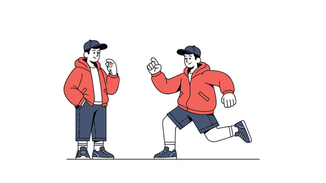 Two young men in red hoodies and caps stand and run on a white background featuring a clean minimalist line art style.