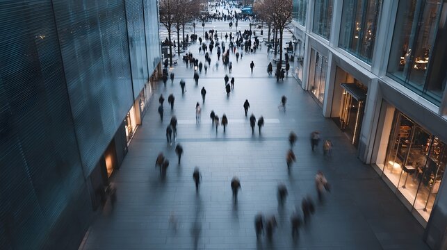 High angle view of a busy city street with blurred pedestrians walking past modern buildings during twilight