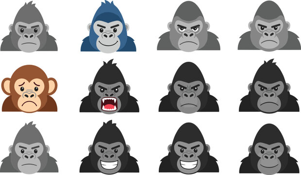 Gorilla Head Cartoon Character Set with Different Expressions, Angry, Happy and Aggressive Monkey Faces Collection for Mascot, Logo and Illustration Design