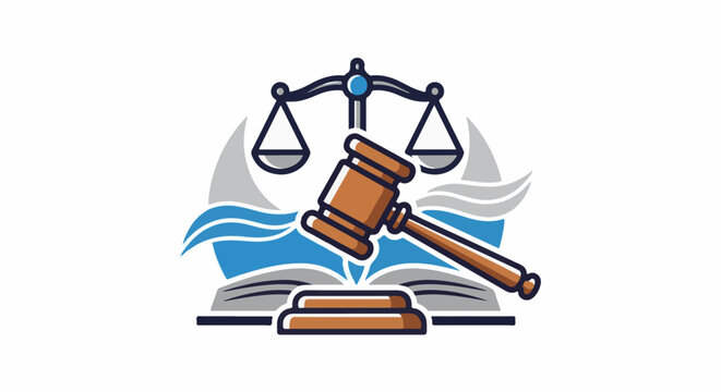Gavel and scales symbolize justice above an open book and waves