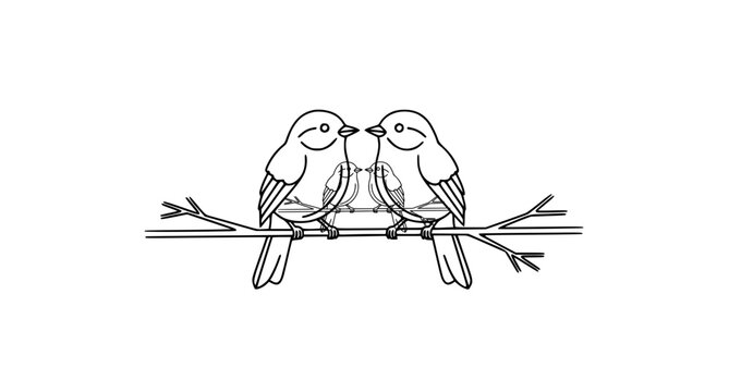 Two Small Birds on Branch Line Art Vector Illustration