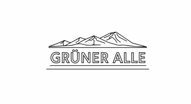 Minimalist line art logo featuring mountains above a text banner with German lettering