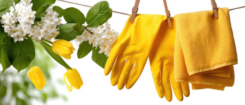 Colorful gloves and handkerchief hang on a clothesline with flowers under bright light for spring cleaning and housework tasks