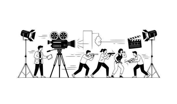 Movie action scene filming with actors and camera crew black and white flat vector cinema production concept