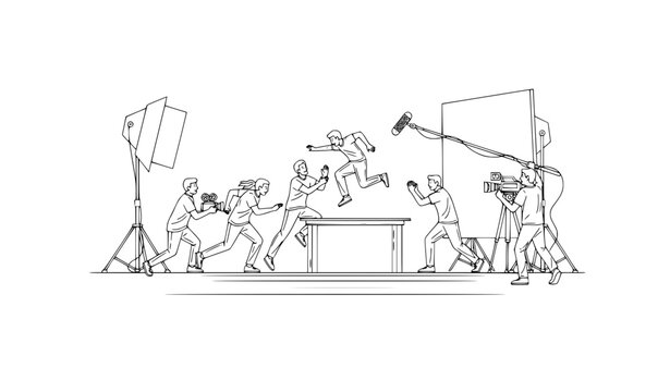 Stunt scene filming with actors and crew black and white line art vector movie production concept
