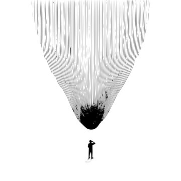 Man looking up at falling black ink droplets person silhouette white background