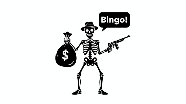 Skeleton gangster holding money bag and submachine gun illustration