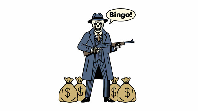 Skeleton Gangster Holding Tommy Gun Over Money Bags
