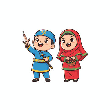 Malay Muslim Children in Traditional Baju Melayu and Baju Kurung