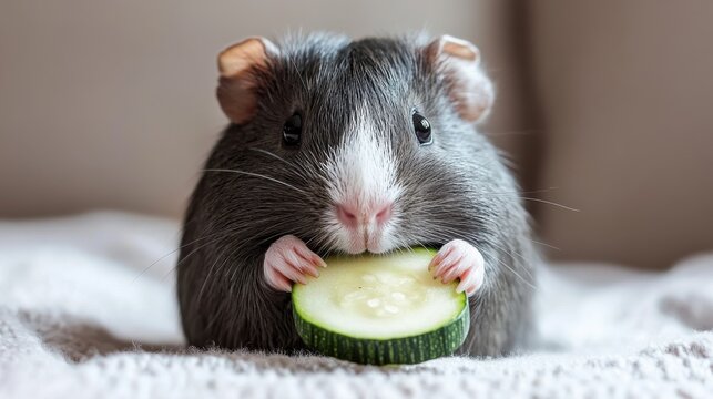 Cute guineapig eating a slice of fresh cucumber