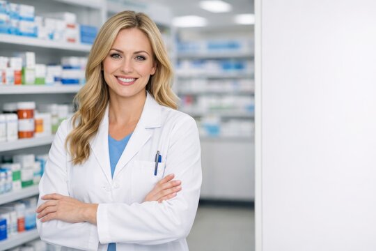 Confident professional in pharmacy setting smiling at camera. Ai generative