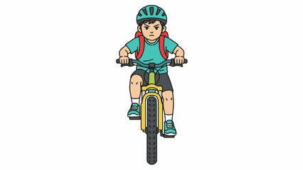 Boy riding bicycle with helmet and backpack front view vector