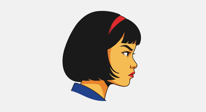 Stylized profile of a young woman with short black hair and a red headband
