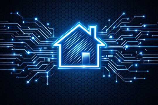Glowing smart home icon with circuit connections on dark tech background. Ai generative