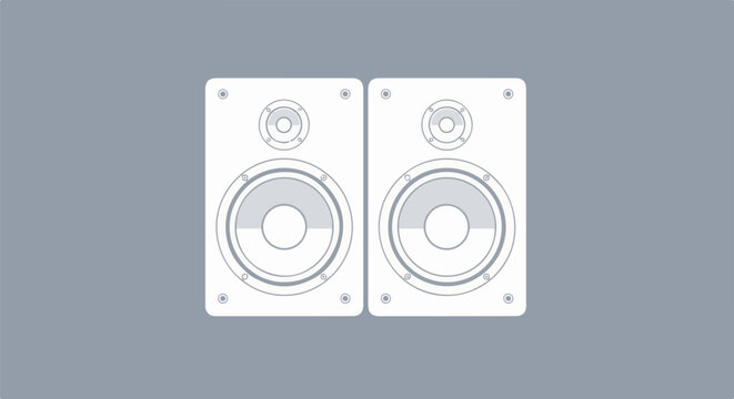 Two white minimalist speaker boxes shown from the front with gray accents