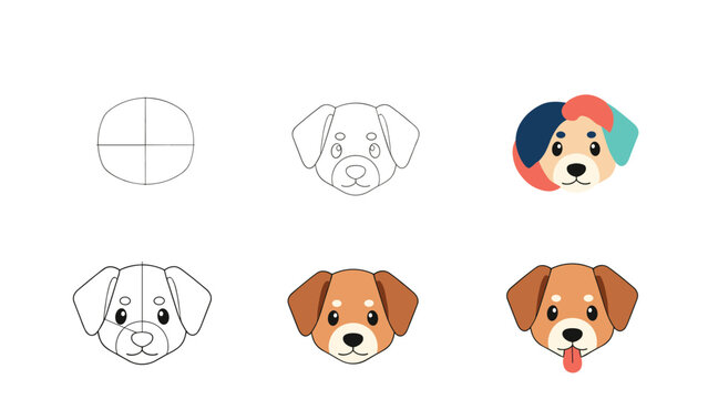 Step by step drawing tutorial showing the process of creating a cute cartoon dog character from basic shapes to color.