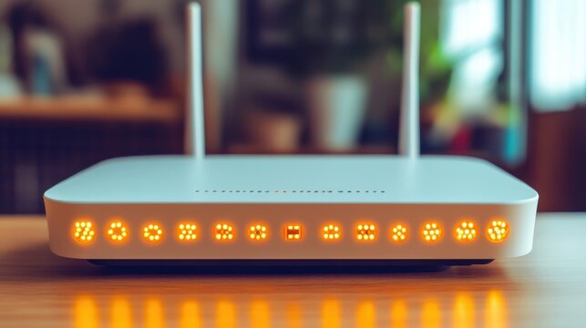 Close up of a DSL router with indicator lights in bright display