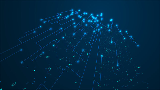 Abstract blue technology background with binary code and glowing dots. Graphic concept for your design