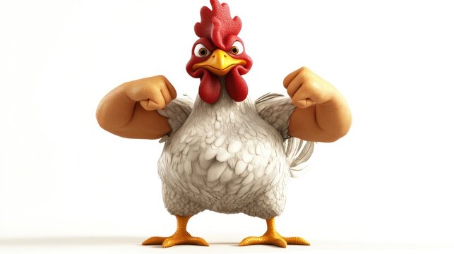 Cartoon chicken flexing its muscles against white background.  Possible use children's book illustration, social media post