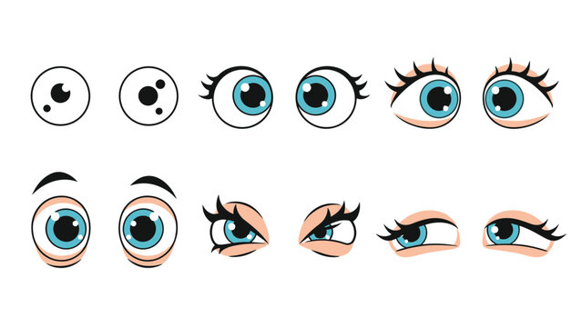 Set of cartoon eyes with different gaze directions and expressions featuring bright blue irises for character development.