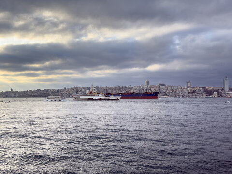 View of the tranquil waters reflecting the somber sky, with distant city skyline and ships, a blend of nature and urban life, Istanbul, Istanbul, Turkey.