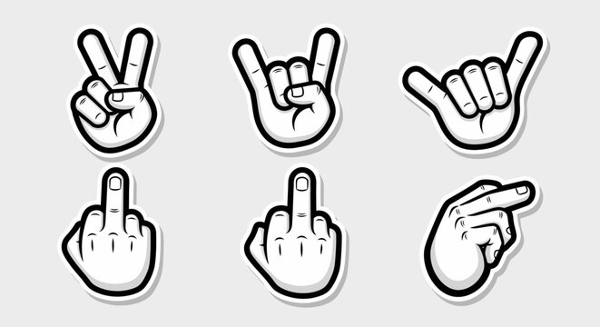 Cartoon Hand Gestures Set with Rock and Roll Sign, Middle Finger, and Pointing on a Gray Background