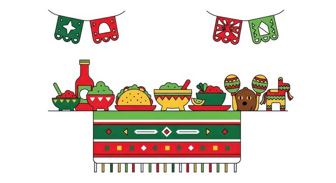 Colorful mexican fiesta setup with traditional food and decorations