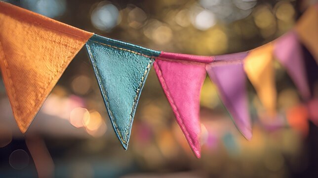 String of colorful triangular bunting flags used for festive decorations. Multicolored triangular pennants strung together on a rope Party garland or bunting flags. 