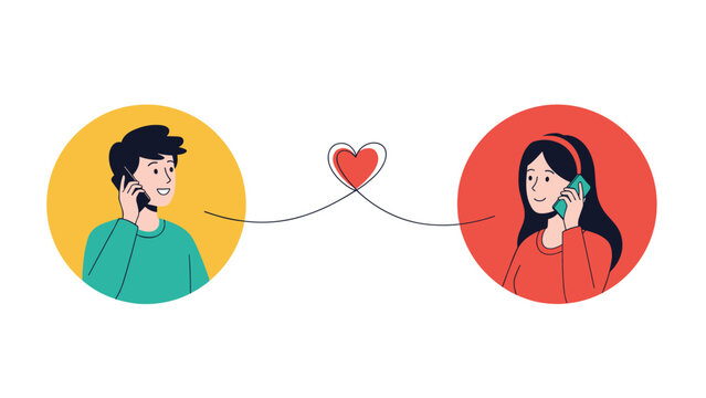 Romantic illustration of a man and a woman in separate circles talking on their phones connected by a long line forming a heart shape.