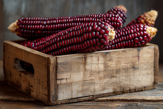 Seasonal red corn in a wooden box on a rustic table