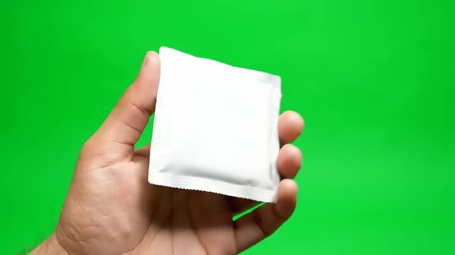 Hand Holding White Square Packet Against Green Screen Background.