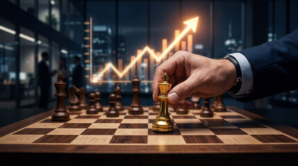Naklejka premium Businessmans hand moving a golden king chess piece on a chessboard with a rising financial graph overlay representing strategic business planning investment growth and market success