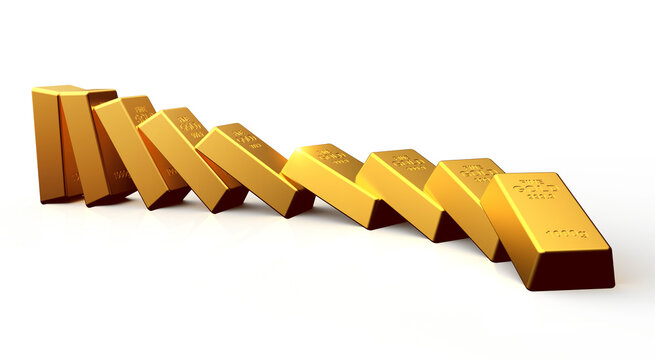 Domino effect with falling gold bars on white background