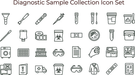 Diagnostic sample collection laboratory line icon set for medical testing healthcare specimen tools interface vector clinical applications © set kine