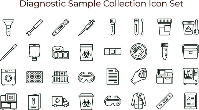 Diagnostic sample collection laboratory line icon set for medical testing healthcare specimen tools interface vector clinical applications