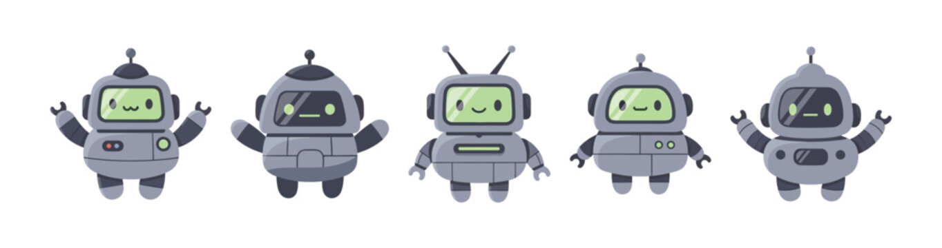 A charming vector graphic illustration collection featuring five distinct, cute, and friendly little grey robots with glowing green digital faces waving hello.