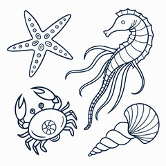 Playful ocean dwellers set featuring crab seahorse starfish and seashell in a delightful doodle art style © naz