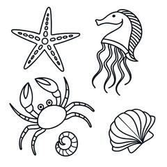 Whimsical collection of sea life including crab seahorse starfish and jellyfish in a playful line drawing style © naz
