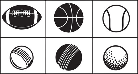 Obraz premium Sports ball icons, athletic symbols, vector set, black and white graphics