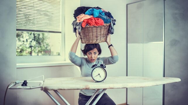 Person juggles laundry basket and alarm clock while managing household tasks at home during busy day