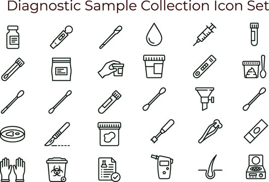 Diagnostic sample collection medical line icon set for laboratory testing healthcare analysis interface symbols vector clinical applications