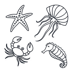 Set of hand drawn ocean creature line art icons featuring starfish jellyfish crab and seahorse isolated on white background for coloring book page © naz
