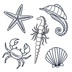 Ocean life illustration pack with decorative starfish seahorse crab and seashell outline graphics perfect for coastal themed coloring and crafting © naz