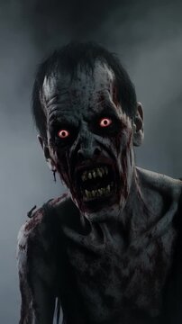 Terrifying zombie mutant monster turning slowly in a foggy scenery