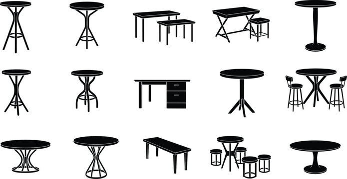 Minimalist black silhouette of round dining table with two chairs, plates, cups, wine bottles, and utensils, modern vector illustration for decor projects