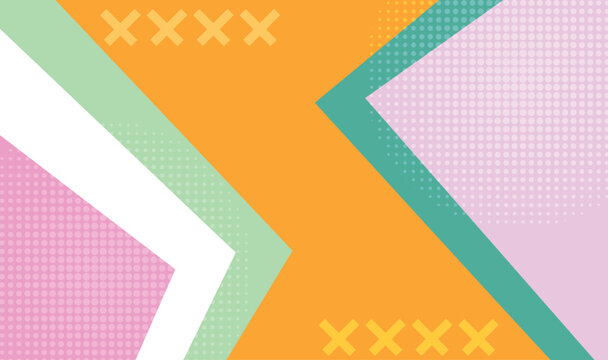 Colorful Geometric Arrow Pattern with Pink Orange Green Purple Halftone, White X Symbols, Bold Zigzag Shapes, Modern Retro Vector Background 
