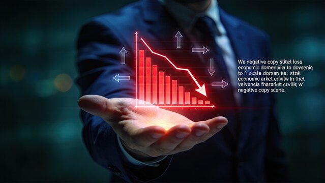 Businessman hand holding holographic red chart showing financial loss stock market decline economic crisis recession negative trend data analysis corporate strategy investment
